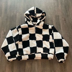 Forever 21 Black & White Checkered Faux Fur Jacket Coat Sweater